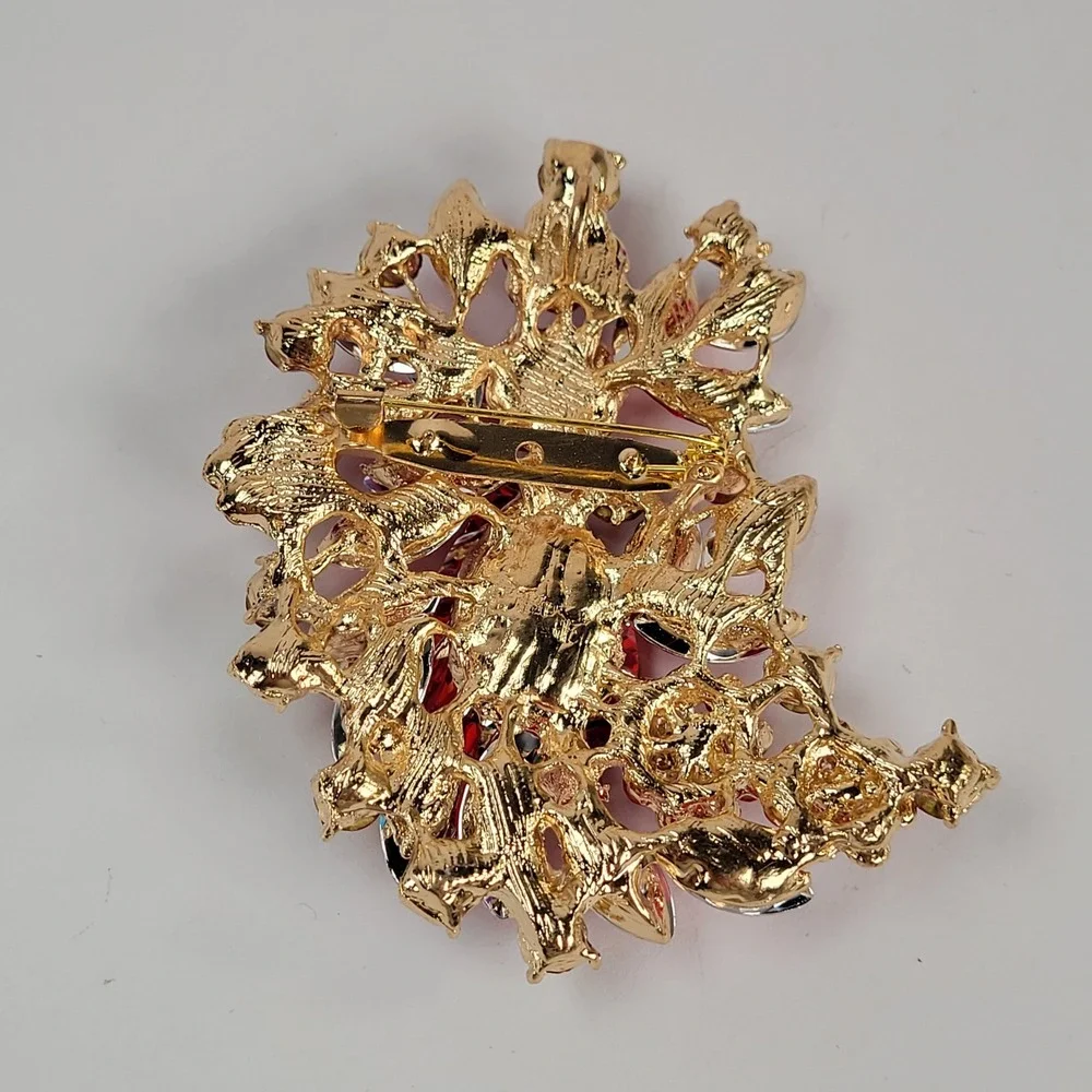 Large Red Rhinestone Brooch Gold Tone AB Crystal Floral Pendant Statement Pin